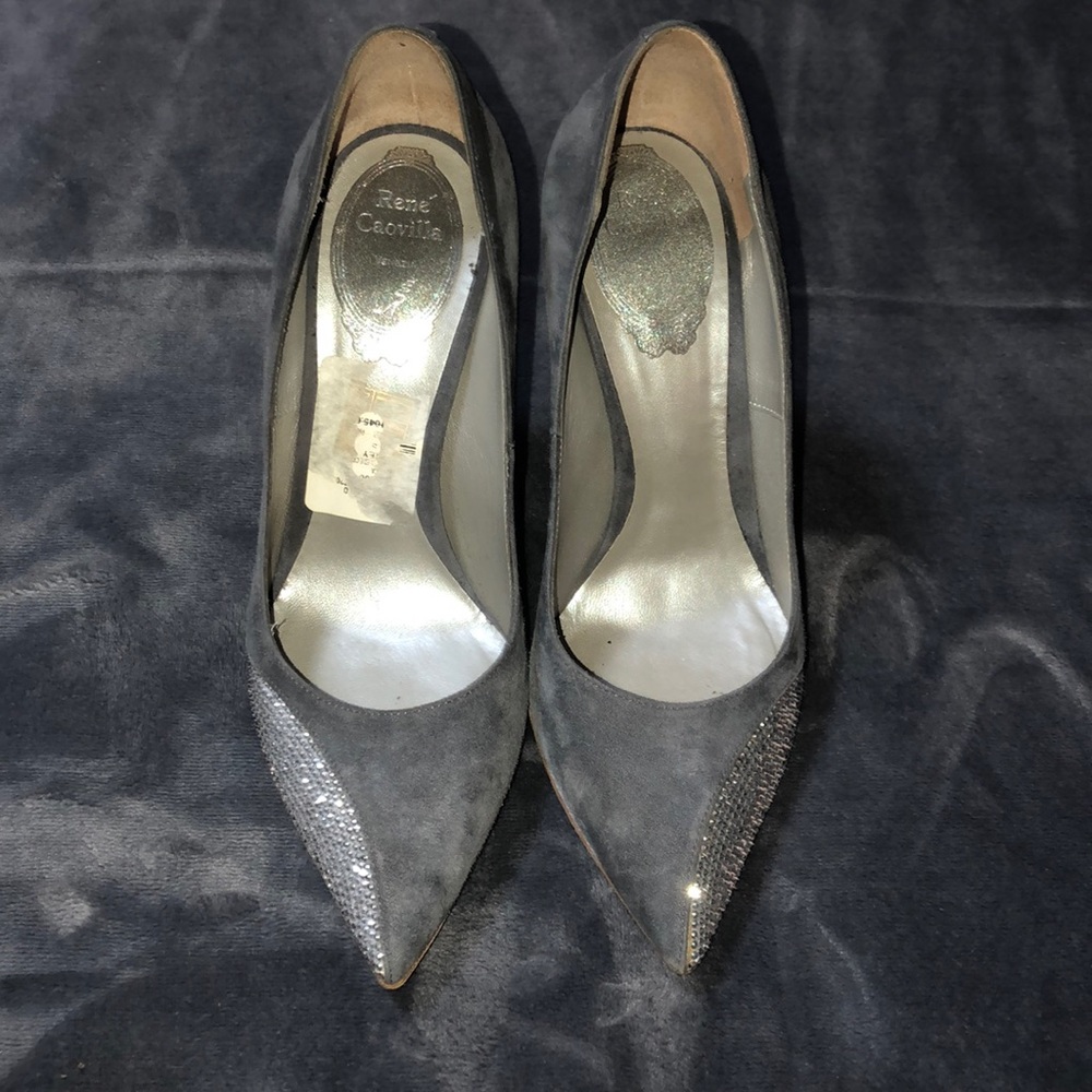 René Caovilla Gray Crystal Suede Pumps